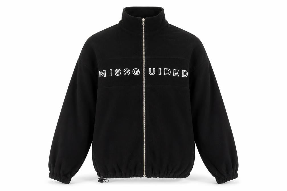 Missguided Women’s Black Fleece Jacket Size 8 Zip Up Logo Casual
