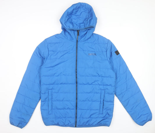 Regatta Men Blue Hooded Puffer Jacket Medium Polyester Warm Outdoor