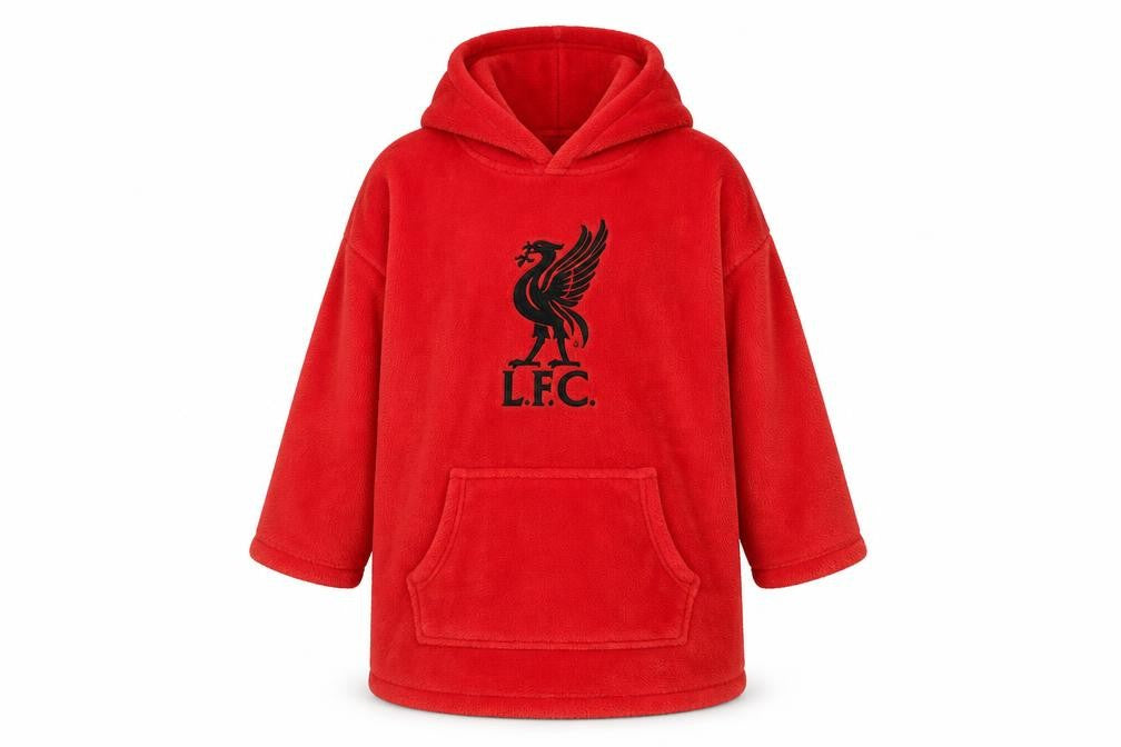 Front view of Liverpool FC boys’ red fleece hooded robe one size lfc official product