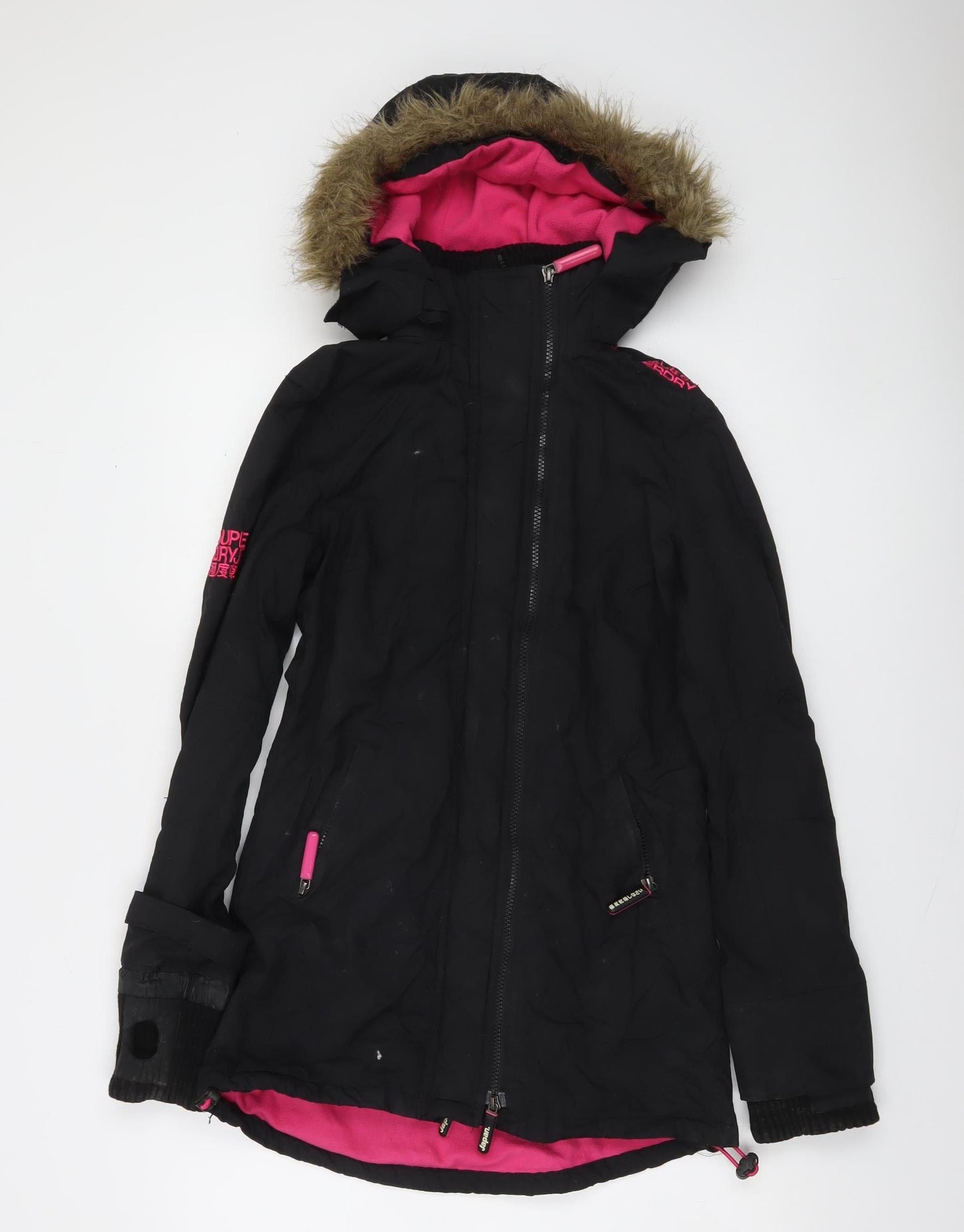 Superdry Womens Black XS Hooded Faux Fur Trim Winter Parka Jacket