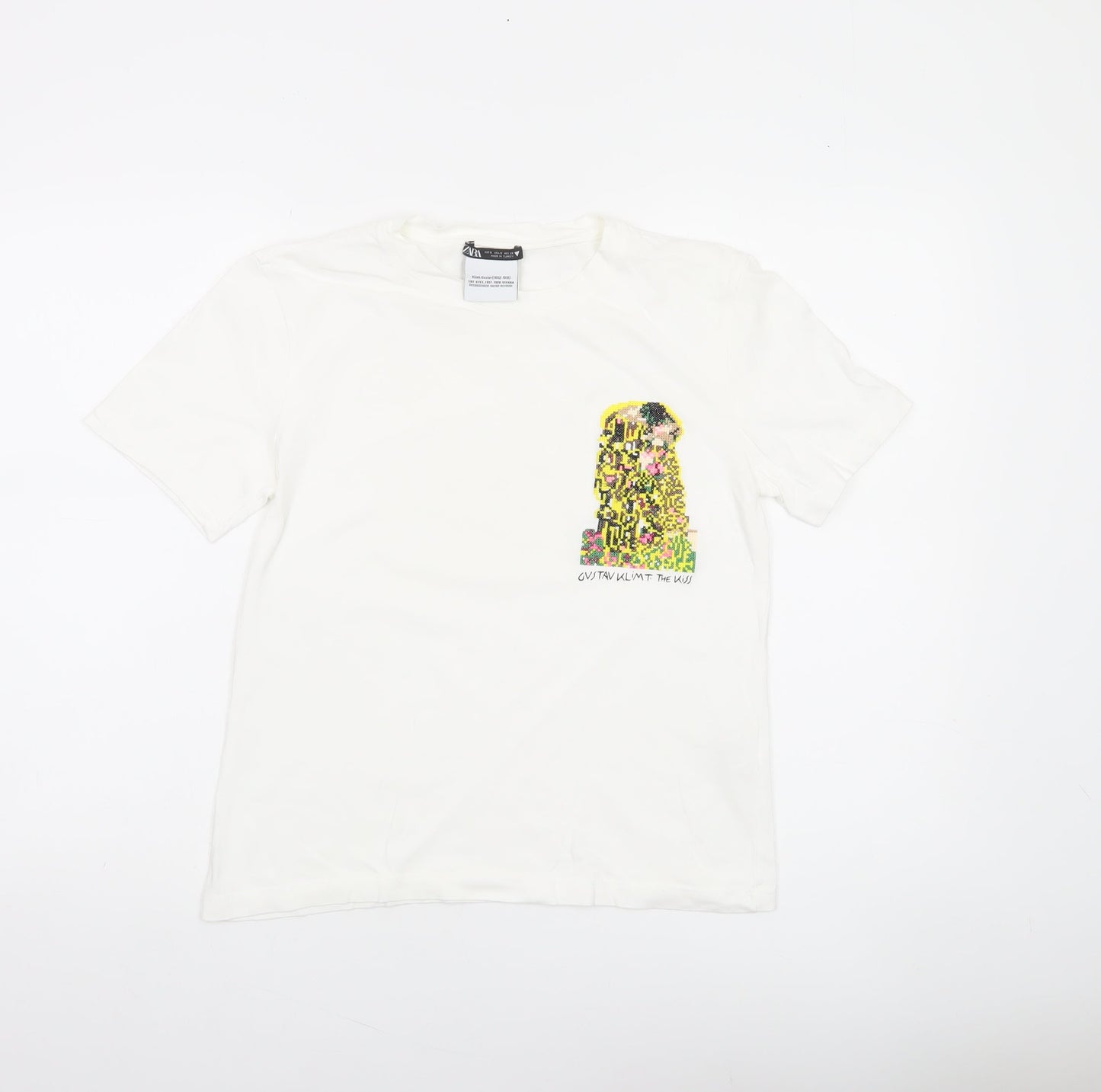 Zara Womens White Art Print T-Shirt Size S Short Sleeve Cotton