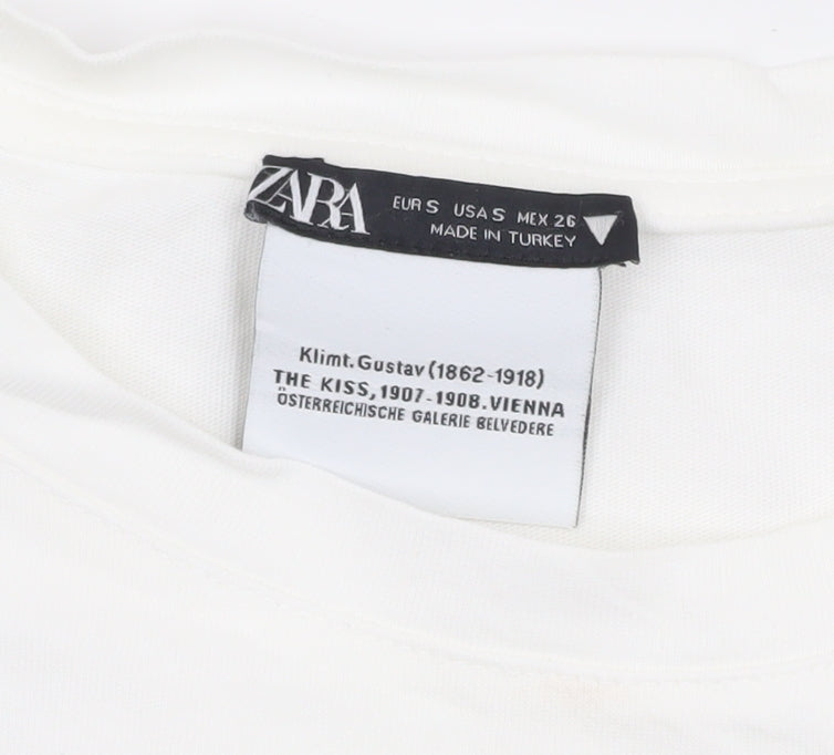 Zara Womens White Art Print T-Shirt Size S Short Sleeve Cotton