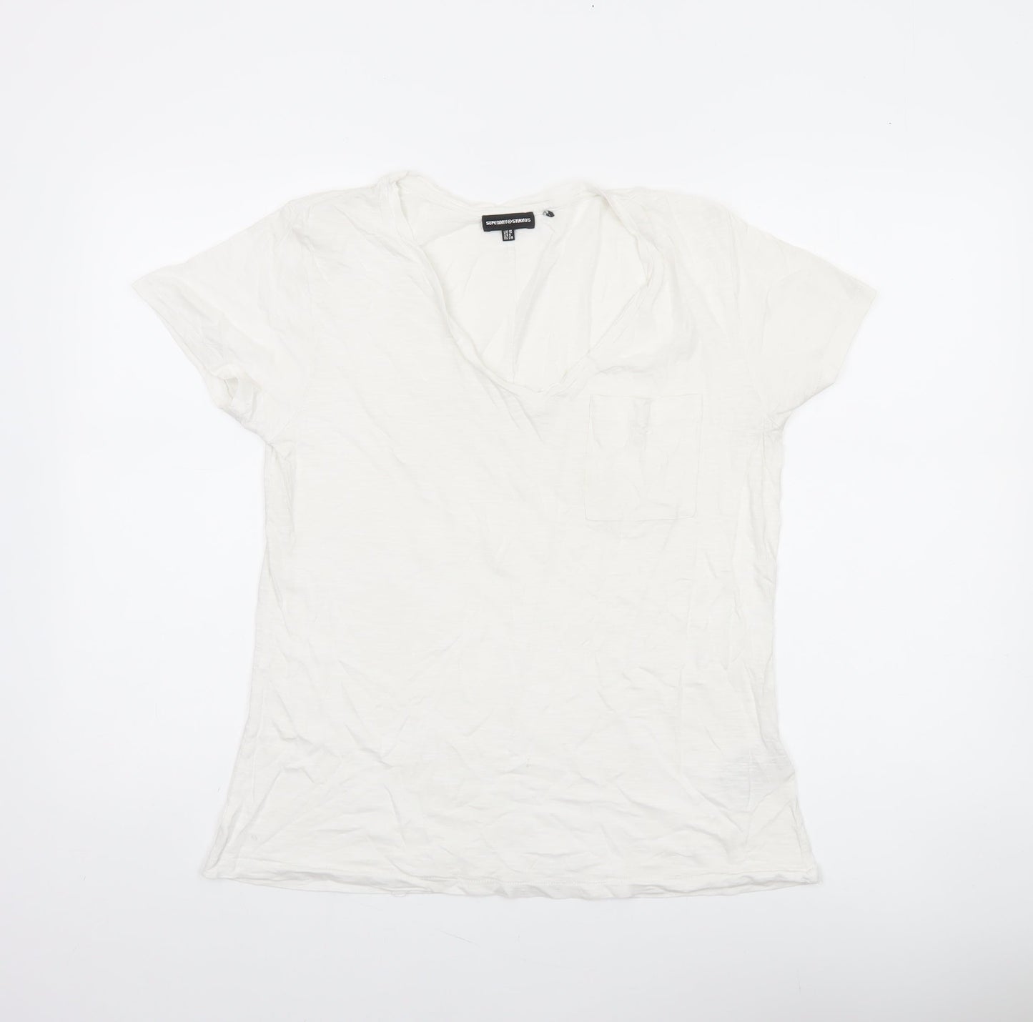 Superdry Womens White Cotton V-Neck Basic T-Shirt UK 10