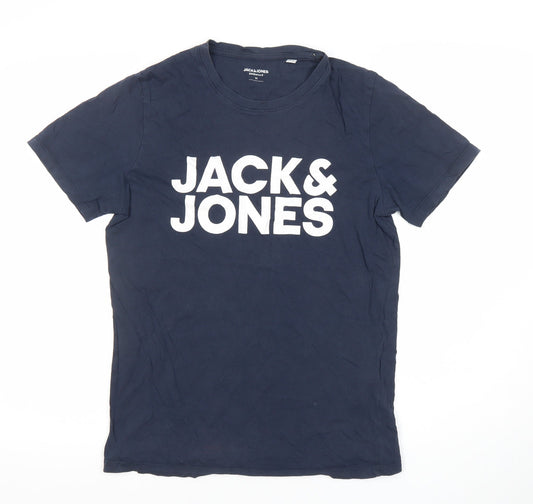 Jack & Jones Men’s Blue Graphic Logo Cotton Crew Neck T-Shirt Size M