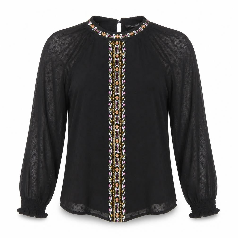 Dunnes Womens Black Embroidered Chiffon Bohemian Blouse M