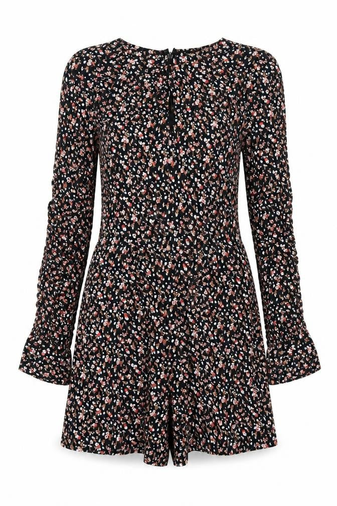 Front view of Miss Selfridge Women’s Black Floral Long Sleeve Playsuit UK 10 Viscose