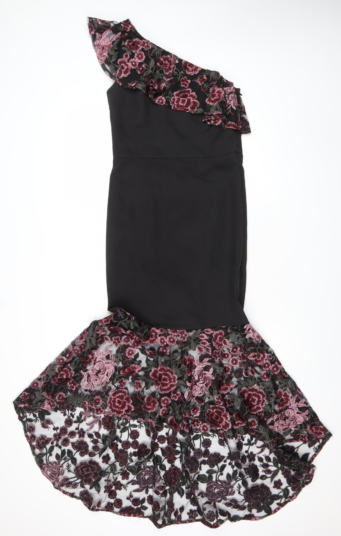 Chi Chi London Women's Black Floral Lace One Shoulder Midi Dress Size 10