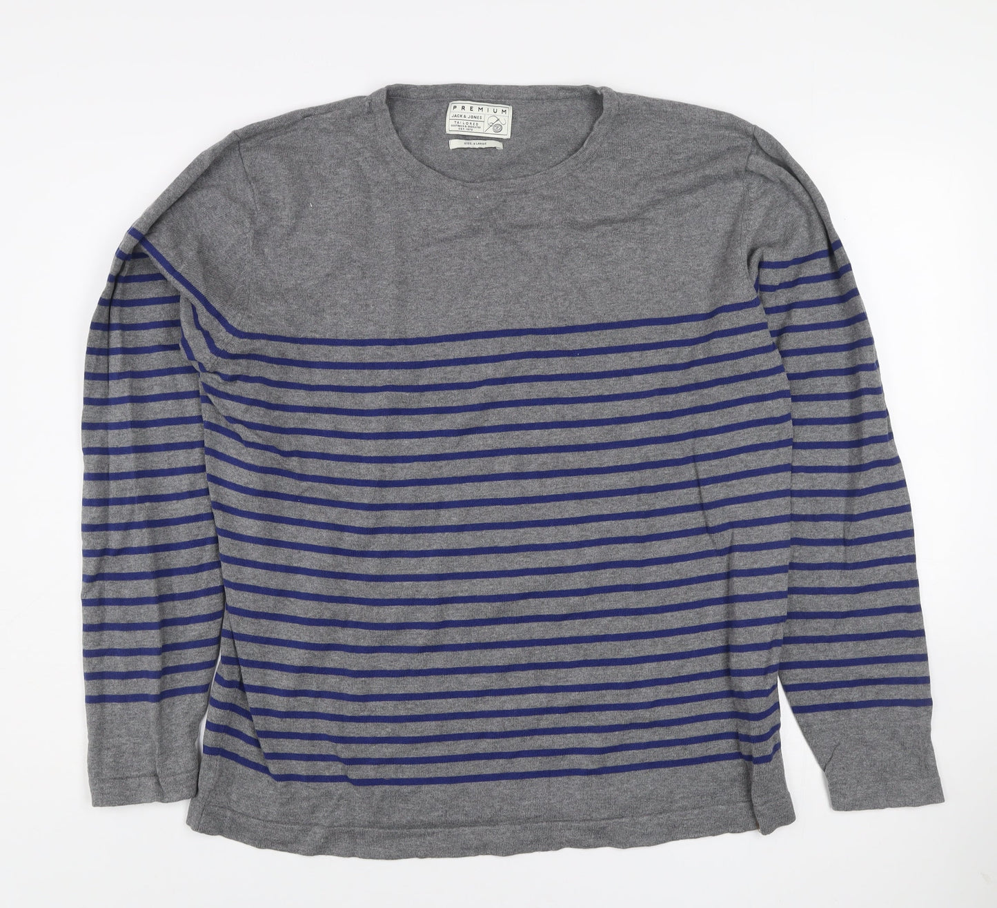 Jack & Jones Men's Grey Striped Cotton Crew Neck Jumper XL