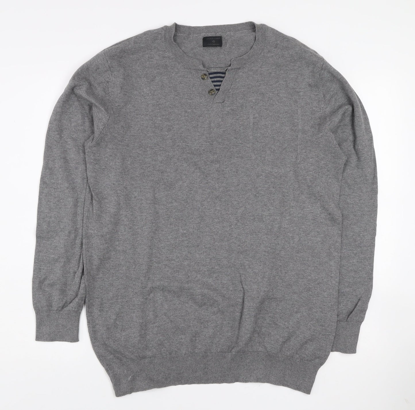 Jack & Jones Mens Grey XL Henley Cotton Knit Jumper