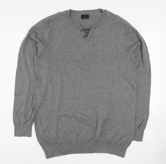 Jack & Jones Mens Grey XL Henley Cotton Knit Jumper