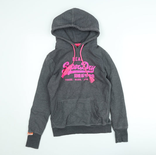 Superdry Women Grey Hoodie Small Pullover Graphic Print Fleece