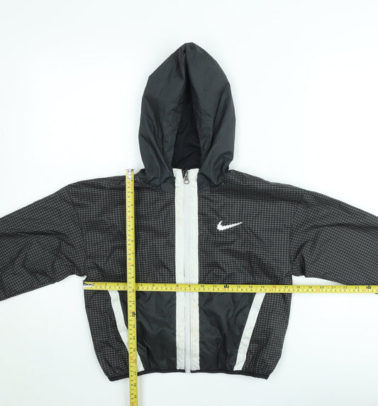 Nike Boys Black Check Windbreaker Jacket Size 8-9 Years Hooded Zip Up