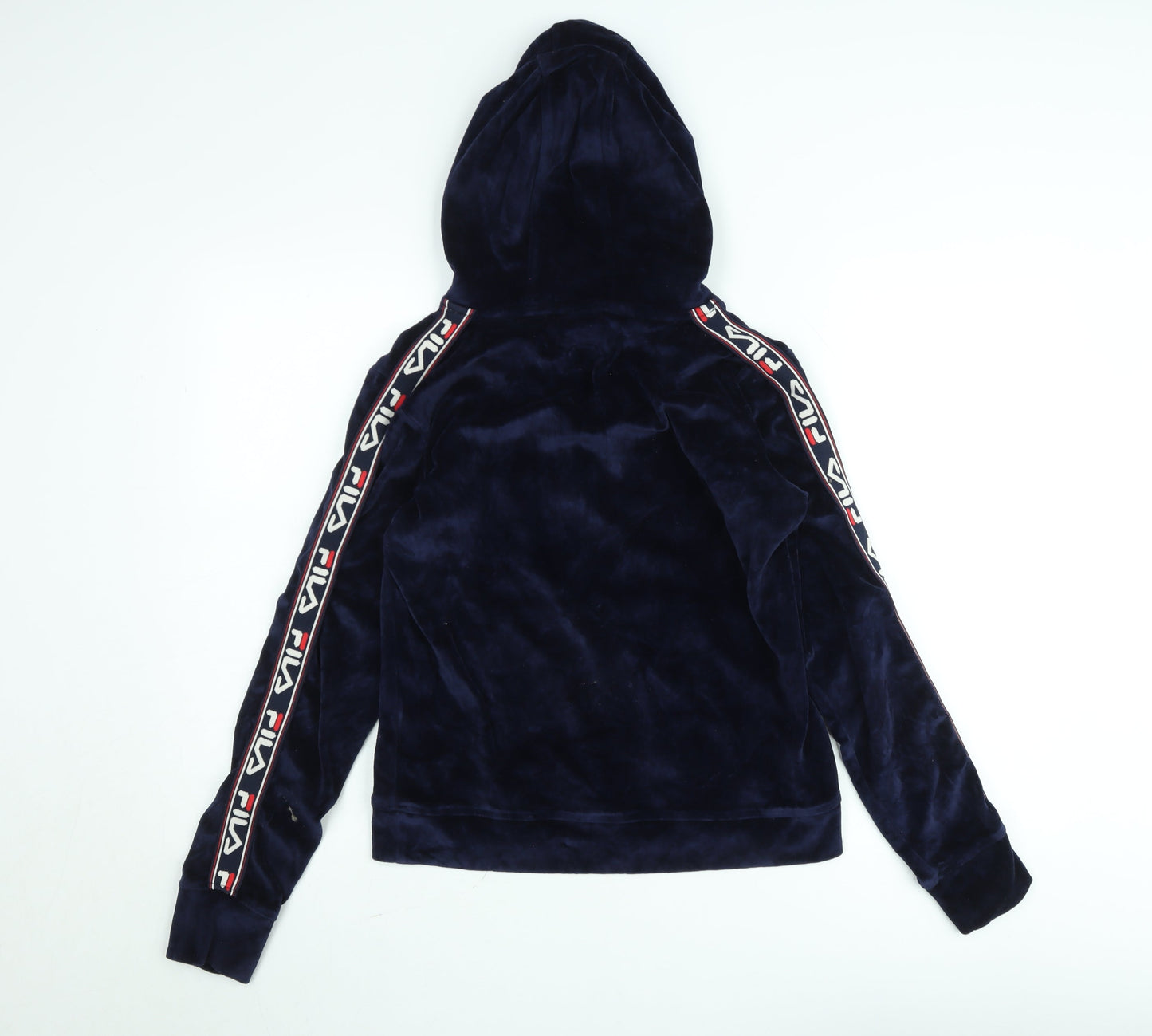 Fila Womens Navy Blue Velour Pullover Hoodie UK 10 Logo Sleeve Detail