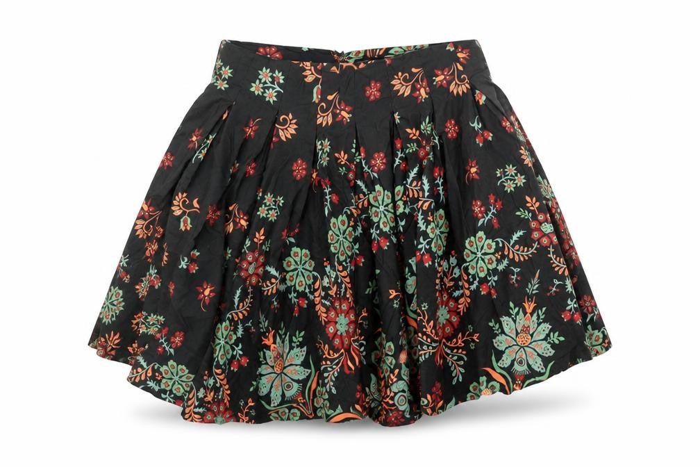 Front view of French Connection Women's Black Floral A-Line Short Skirt, size 8