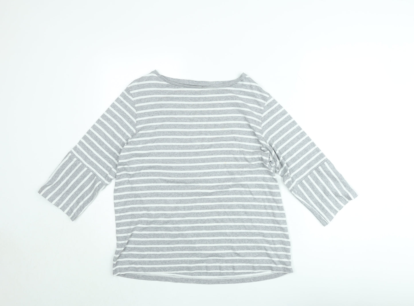 Cotton Traders Women's Grey Striped 3/4 Sleeve Boat Neck Cotton Top Size 16