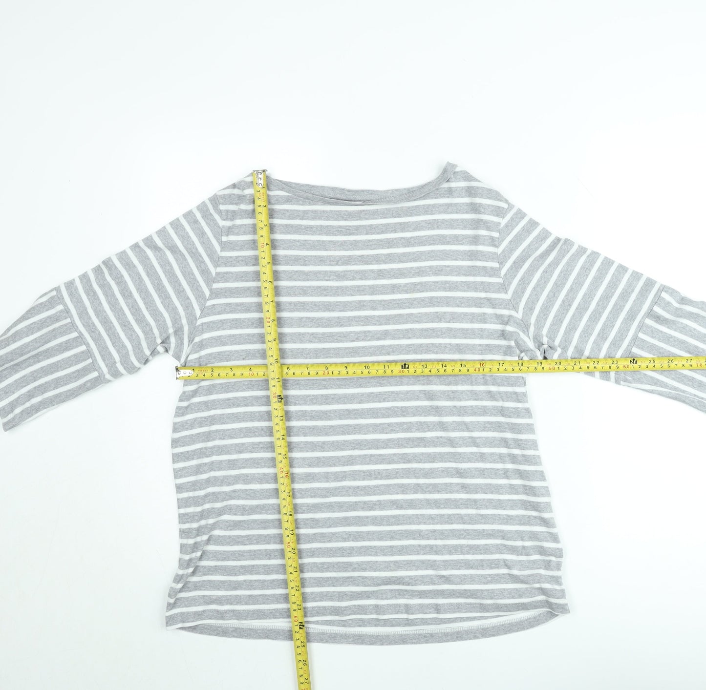 Cotton Traders Women's Grey Striped 3/4 Sleeve Boat Neck Cotton Top Size 16