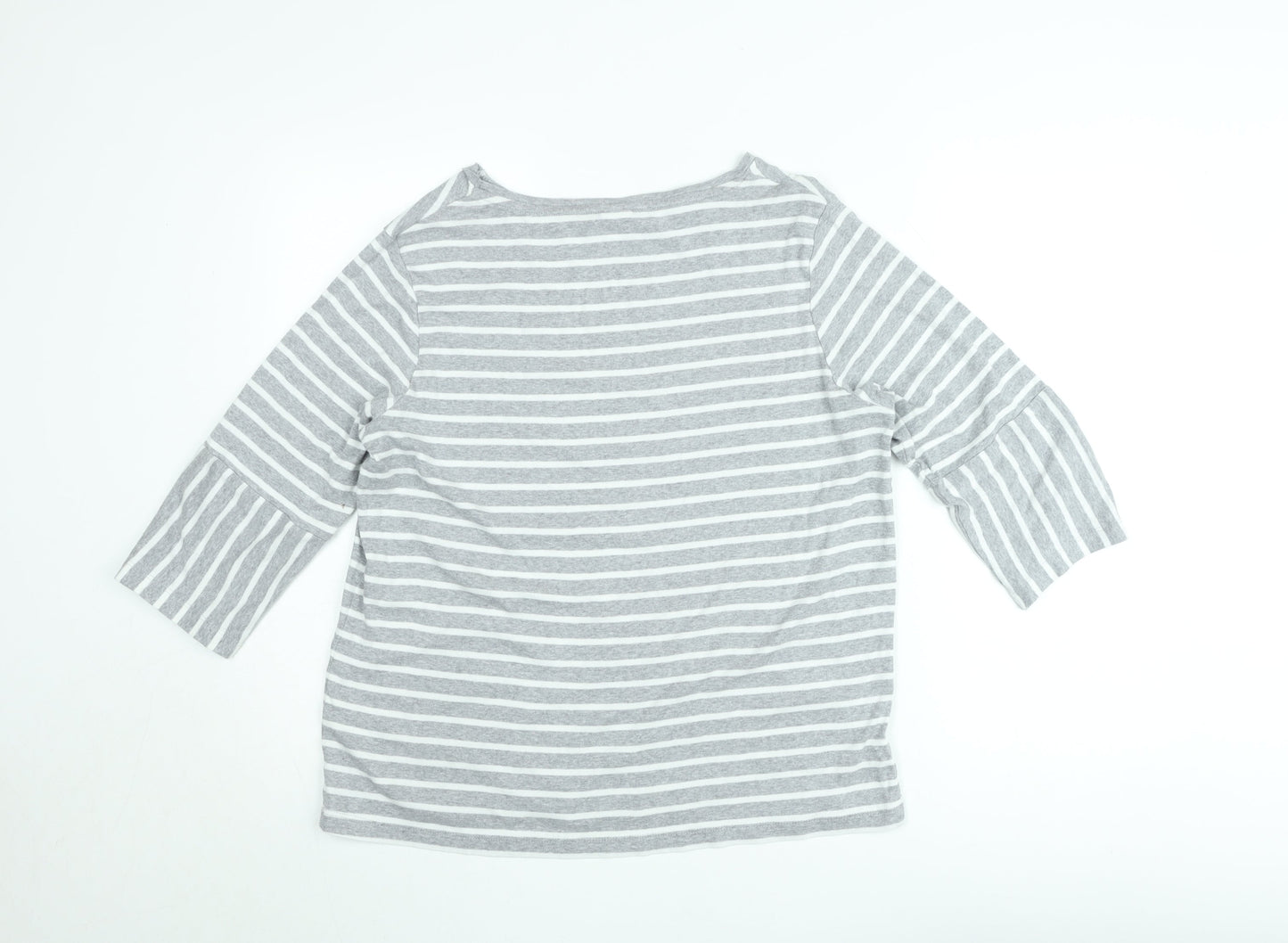 Cotton Traders Women's Grey Striped 3/4 Sleeve Boat Neck Cotton Top Size 16