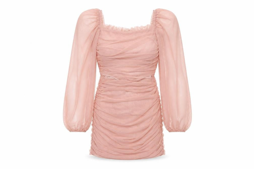 Front view of Missguided Women’s Pink Petite, size UK 8, Long Sleeve Ruched Bodycon Dress
