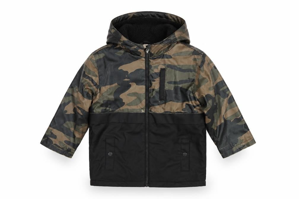 Front view of Firetrap boys’ green camouflage hooded waterproof rain coat jacket 3-4 years