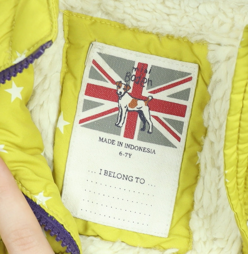 Joules Girls Yellow Star Print Hooded Puffer Jacket 6-7 Years Lined Winter Coat