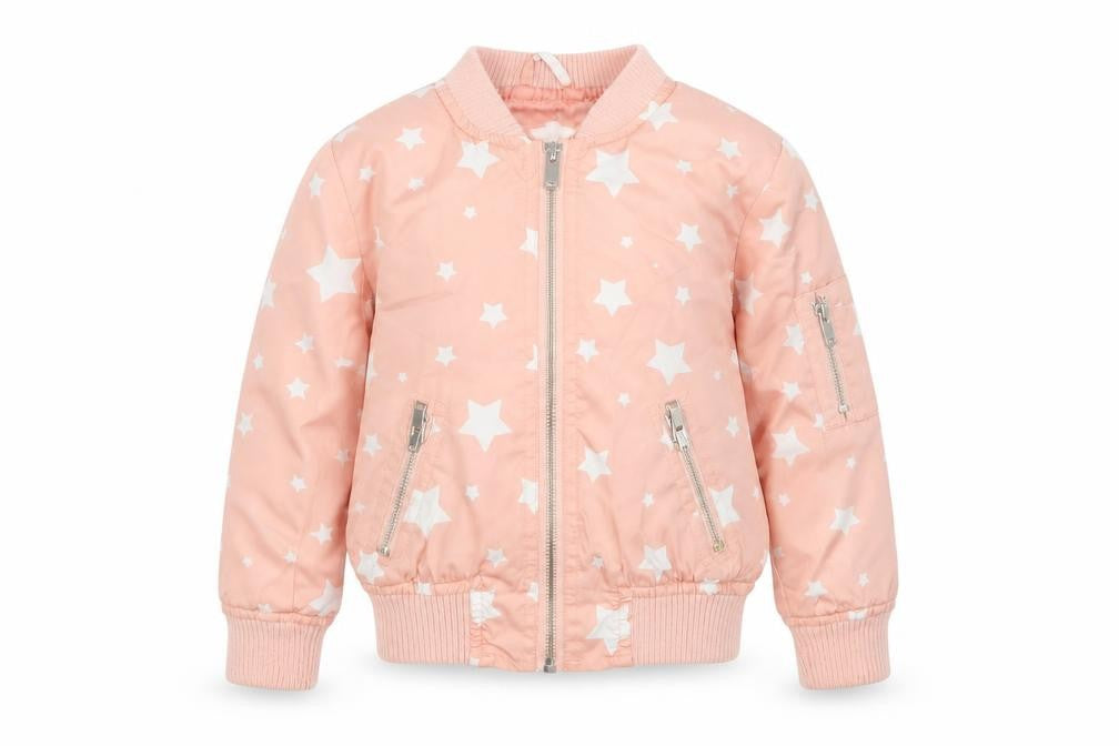 Front view of Urban Republic girls’ pink star bomber jacket 4 years polyester zip-up