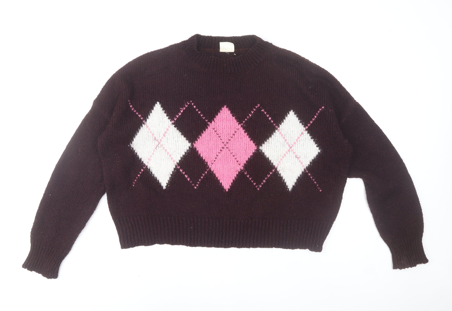 Sybilla Women Brown Pink Argyle Knit Pullover Jumper Size M