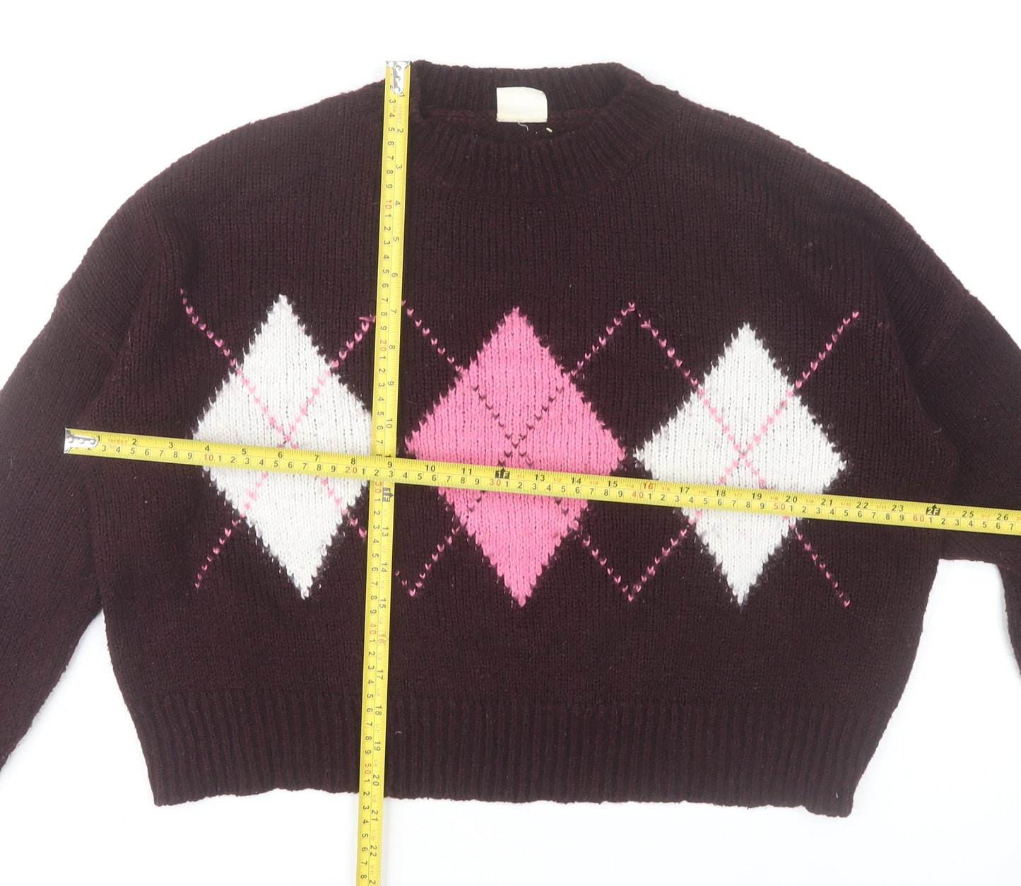 Sybilla Women Brown Pink Argyle Knit Pullover Jumper Size M