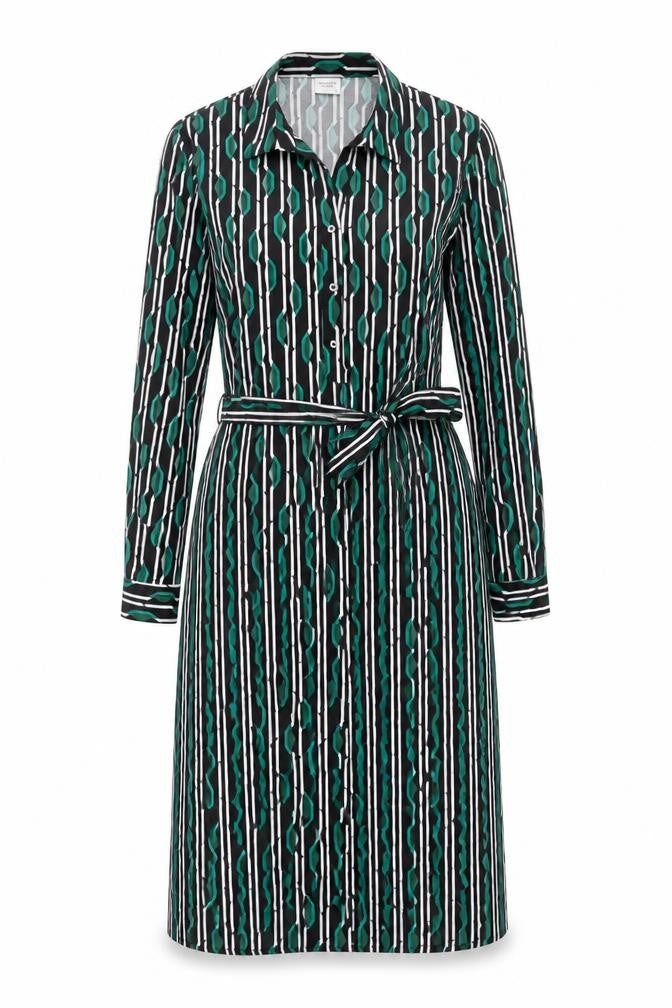 Front view of Jacqueline de Yong women’s green geometric shirt dress, size UK 8
