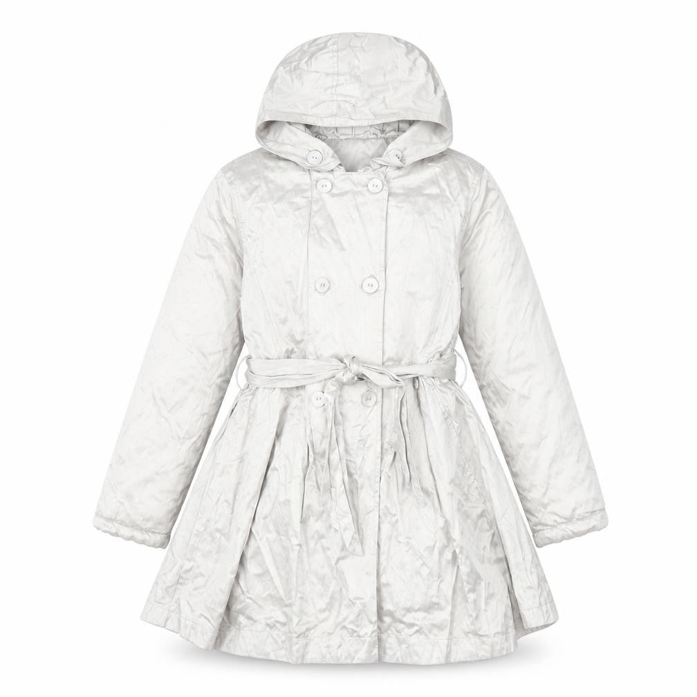 Front view of Barbara Farber girls’ grey belted hooded trench coat 8 years