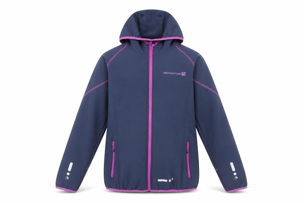 Front view of Trevoultion girls’ blue softshell hooded jacket 15-16 years full zip