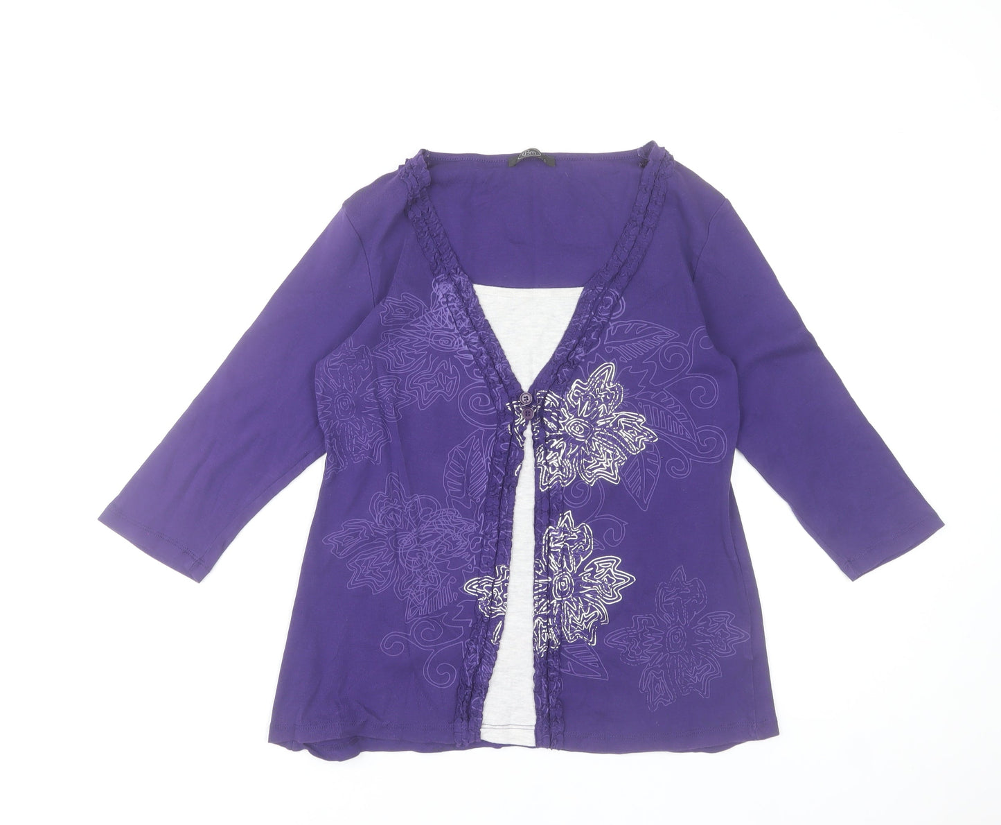 Bm Women's Purple Floral Tunic Top Size S 3/4 Sleeve 100% Cotton