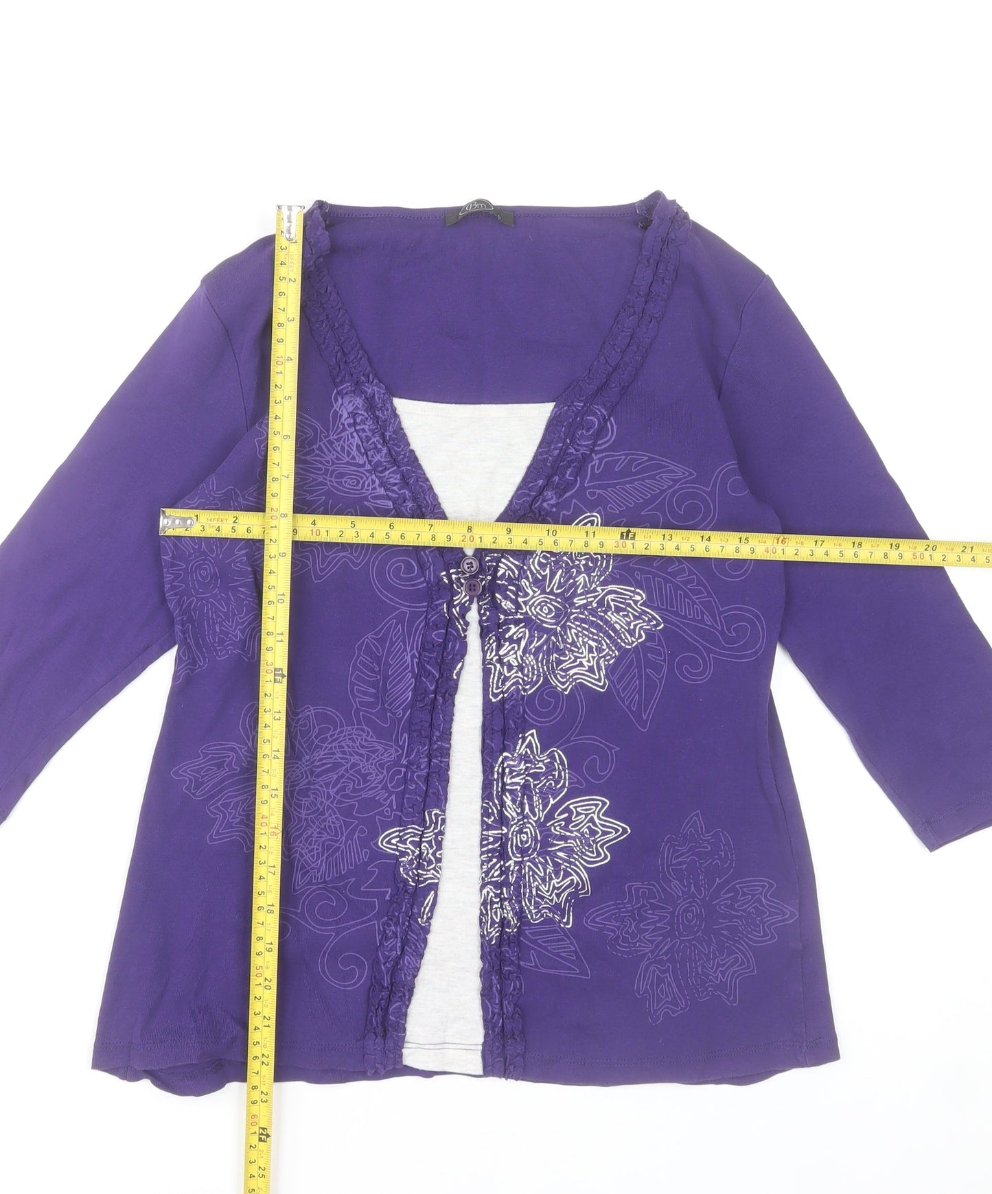 Bm Women's Purple Floral Tunic Top Size S 3/4 Sleeve 100% Cotton
