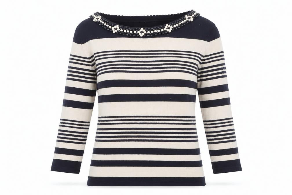 Marks and Spencer Women’s Navy Stripe Beaded Boat Neck Jumper UK 10