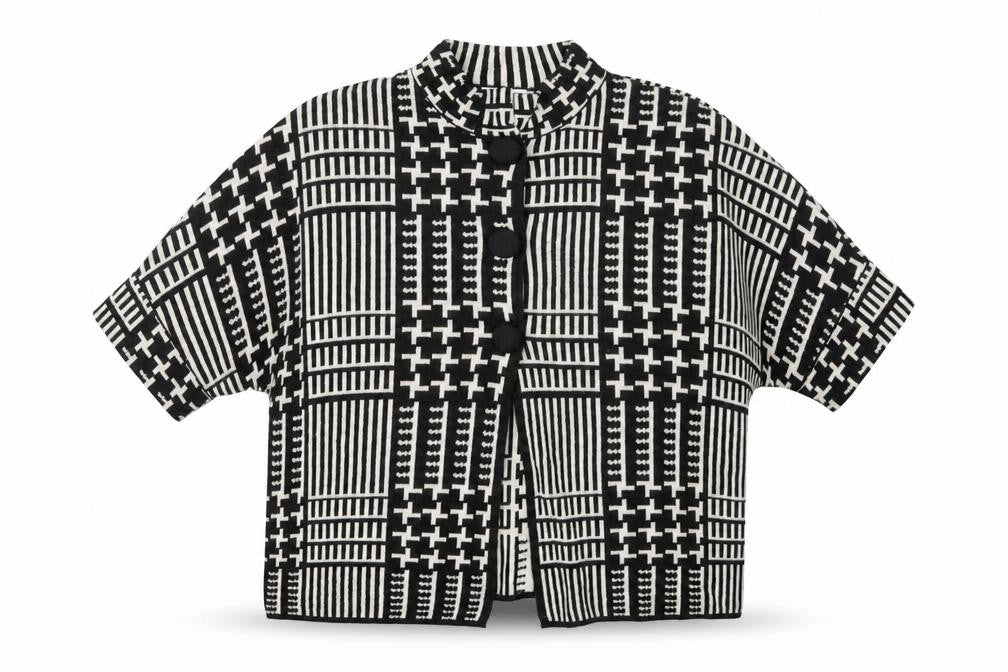 Tea Lane Women Black & Beige Short Sleeve Cardigan S Geometric Knit