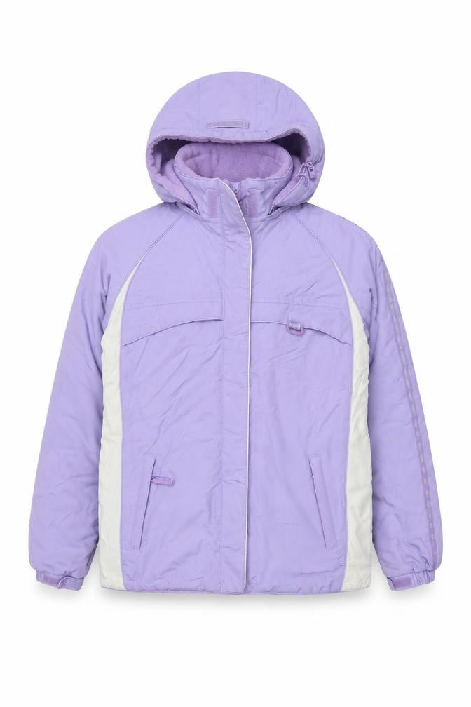 Front view of Maine New England girls’ purple hooded puffer jacket 13-14 years