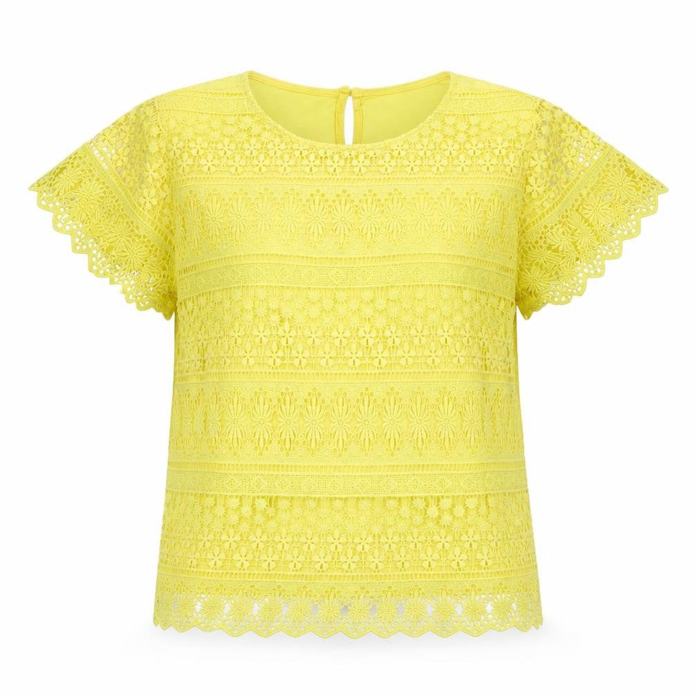 Front view of ASOS Women’s Yellow Lace Crochet Short Sleeve Blouse, size M