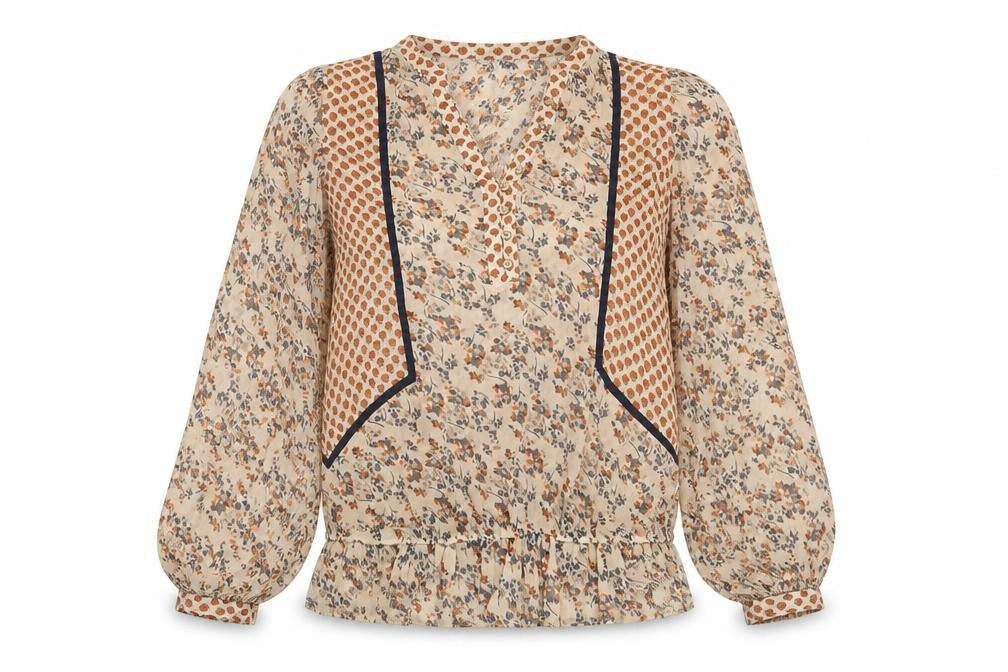 Oasis Women's Beige Floral Ruffle Bohemian Blouse Size 12