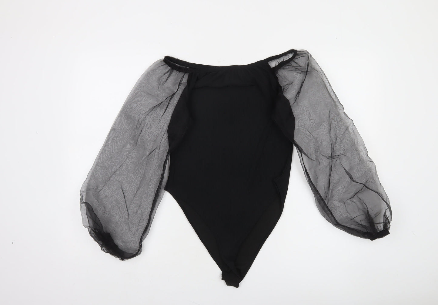 Boohoo Women Black UK 12 Off Shoulder Sheer Sleeve Bodysuit