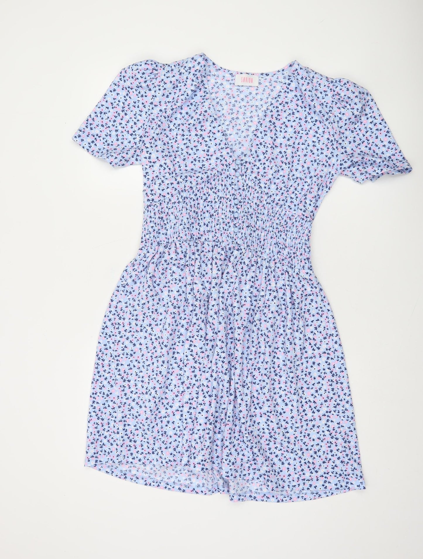 Savida Women Blue Floral A-Line Short Sleeve Dress Size 14