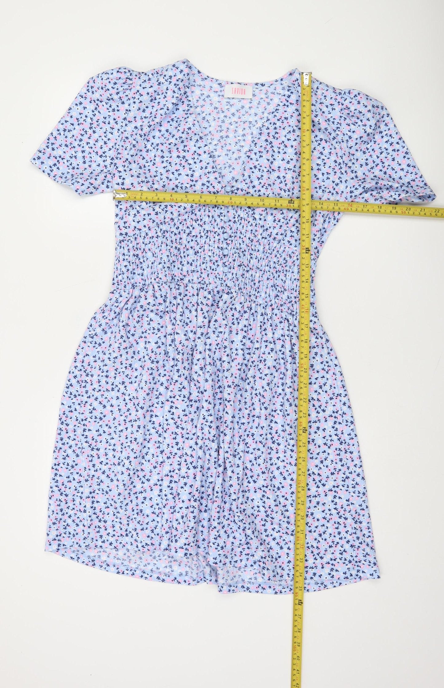 Savida Women Blue Floral A-Line Short Sleeve Dress Size 14