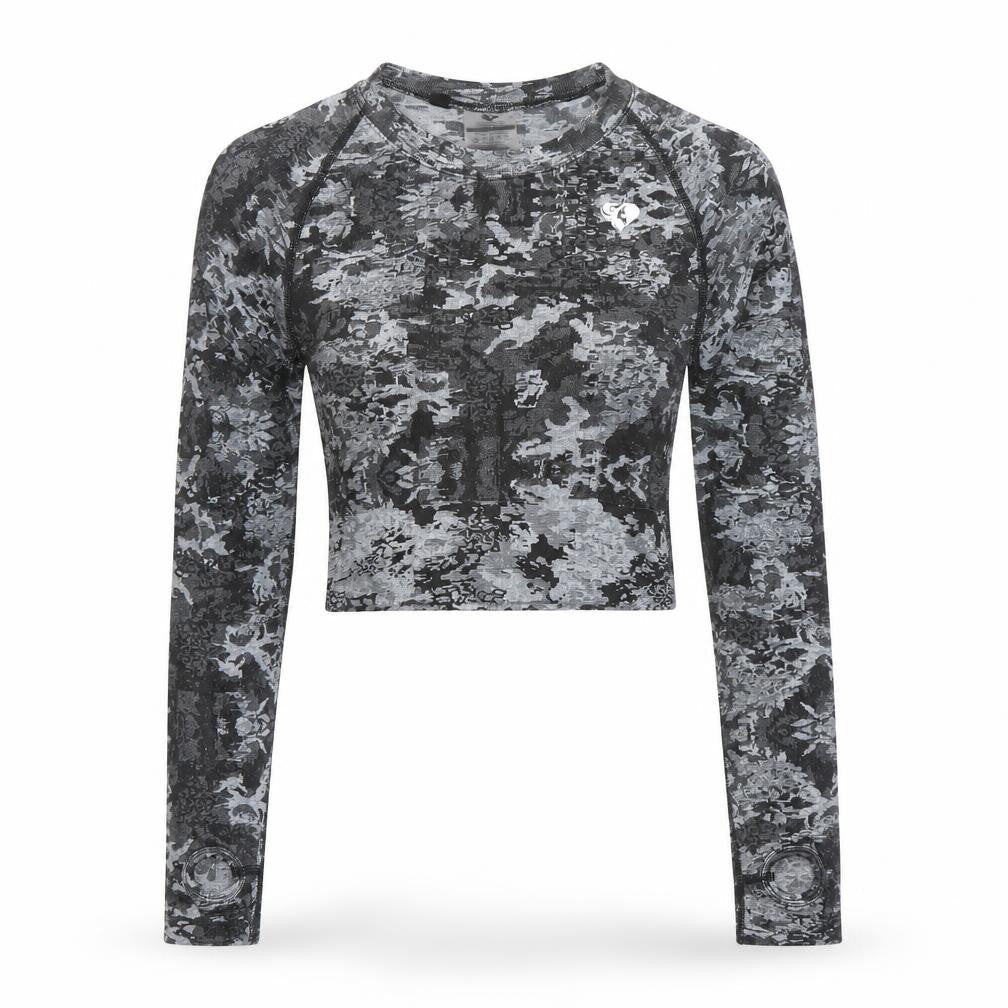Women's Best Grey Camouflage Long Sleeve Cropped Activewear Top M