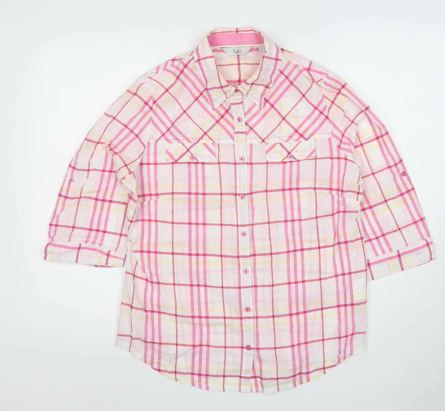 Isle Womens Pink Check Button-Up Shirt Size 14 Cotton 3/4 Sleeve Casual