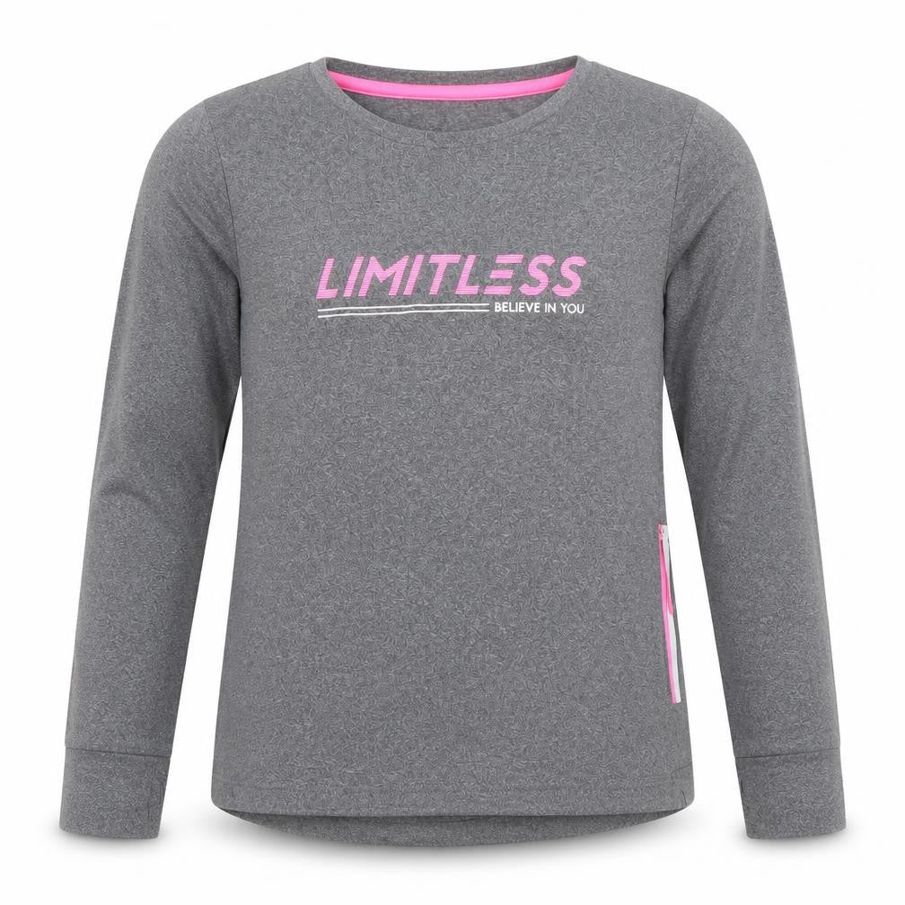 Front view of St Bernard girls’ grey long sleeve 'limitless' active t-shirt 8-9 years