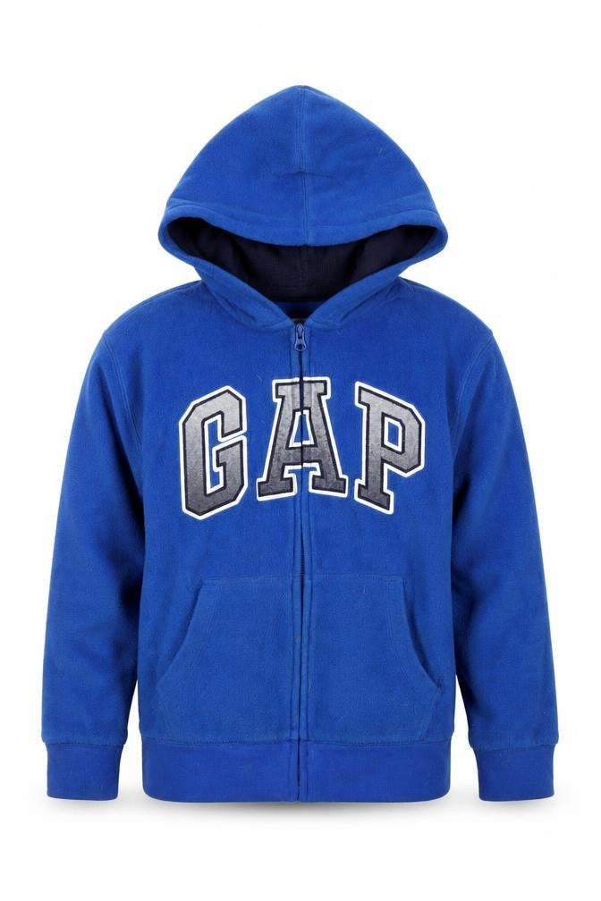 Front view of Gap boys’ blue fleece zip hoodie jacket 8-9 years hooded cotton lined