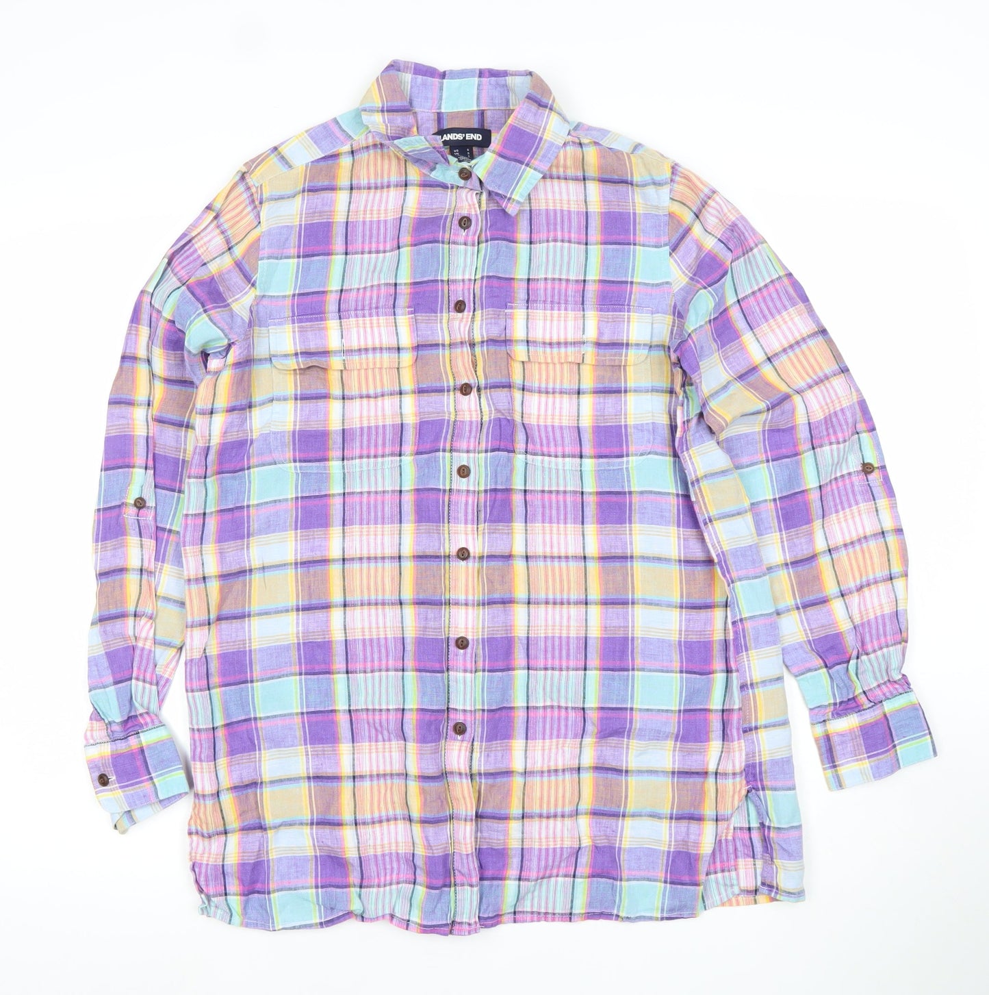 Lands' End Men's Multicoloured Linen Plaid Button-Up Shirt Size S
