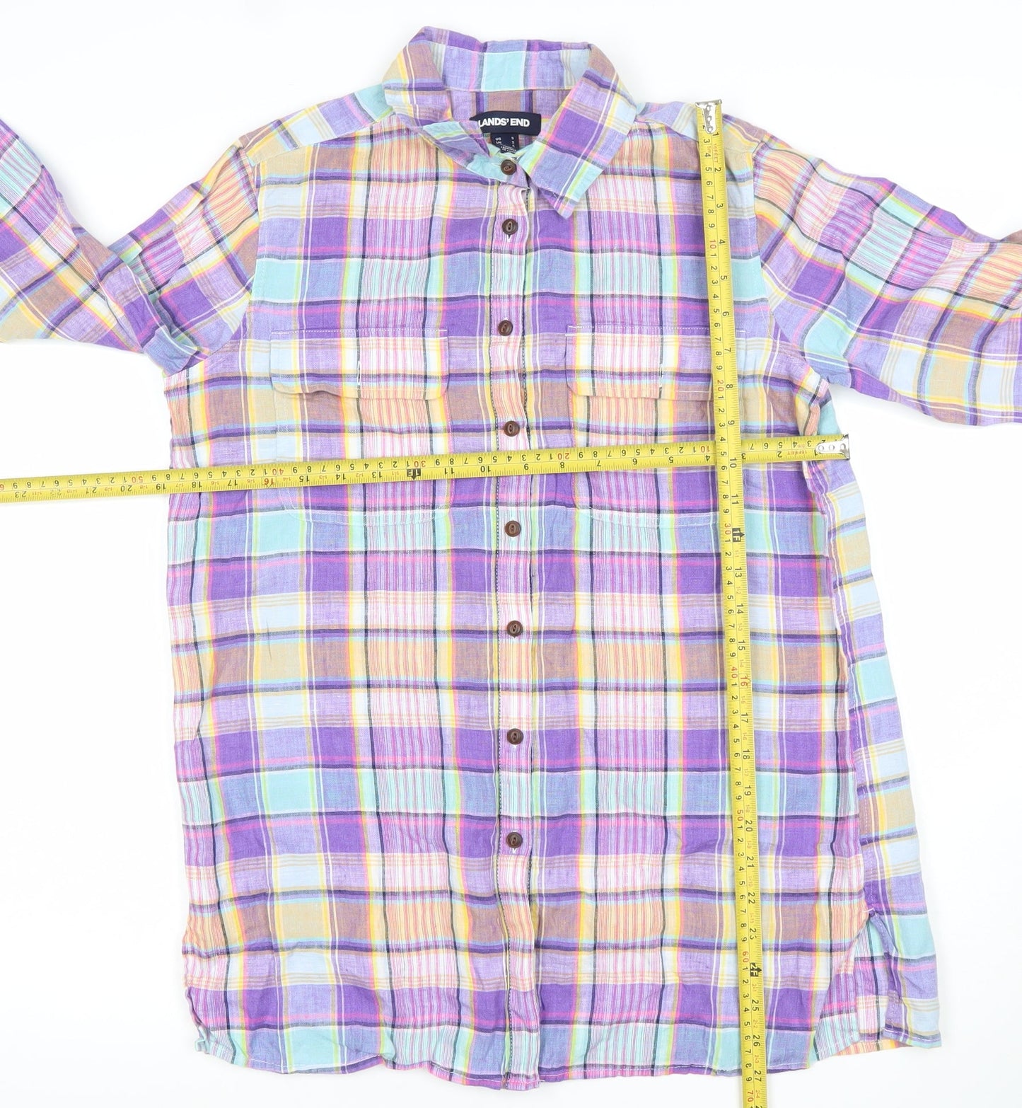 Lands' End Men's Multicoloured Linen Plaid Button-Up Shirt Size S