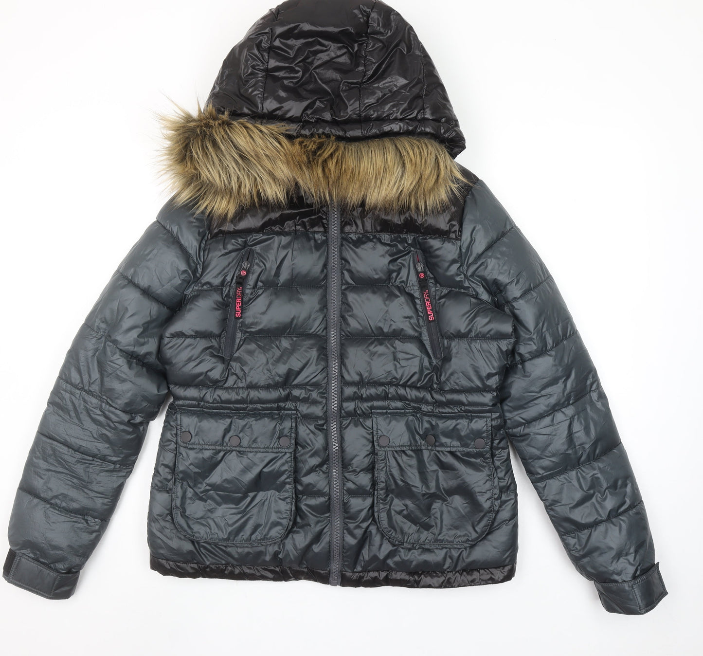 Superdry Women Grey Fur Trim Hooded Puffer Jacket L