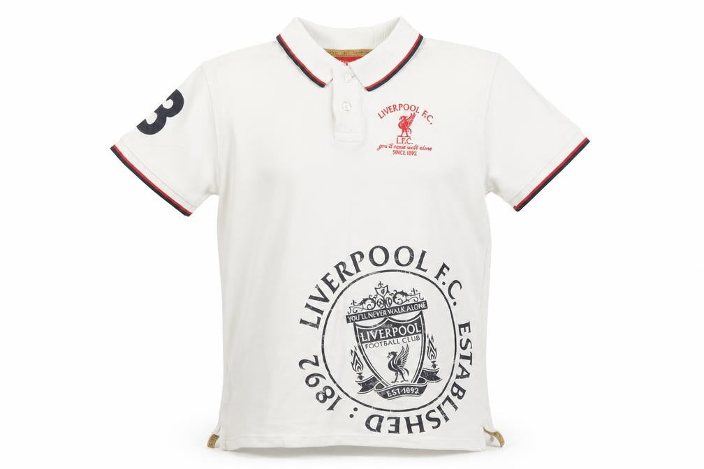 Front view of Liverpool FC boys’ white polo shirt 11-12 years football embroidered logo