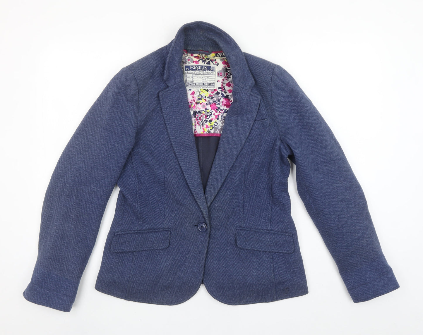 Joules Women Blue Tweed Blazer Jacket UK 12 Single Breasted Cotton Mix