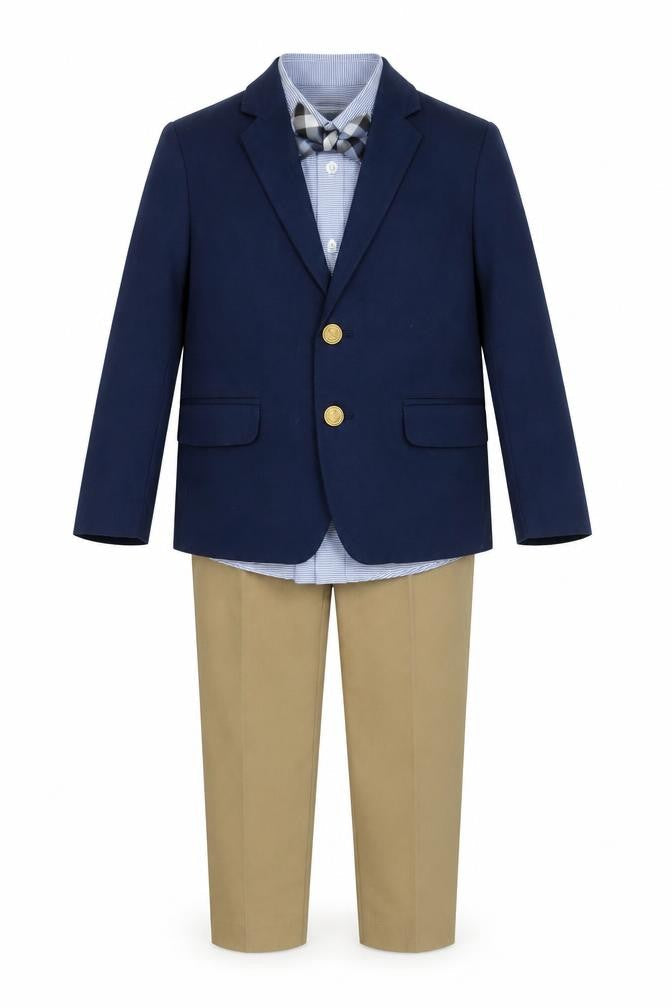 Front view of IZOD boys’ blue & khaki 4 piece outfit set, size 5, regular cotton blend formal